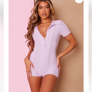 Lilac striped towelling short sleeve shirt romper